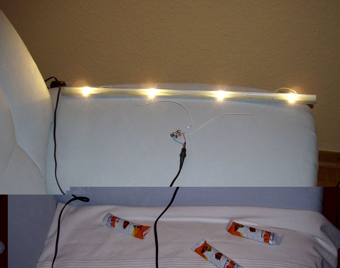 DSCI0041_cut.jpg (487.24 KiB) 31806 mal betrachtet LED-Leiste testweise auf dem Sofa, mit den Schoko-Riegeln habe ich 3 der 4 LEDs über eine Stunde lang abgedeckt --- sie sind nicht geschmolzen, nichtmal weich geworden, das Alu-U-profil erreicht nichtmal Körpertemperatur (350 mA durch die LEDs, alle 20 cm eine LED, U-Profil 20mm breit, Kanten 10 mm, Stärke 2 mm